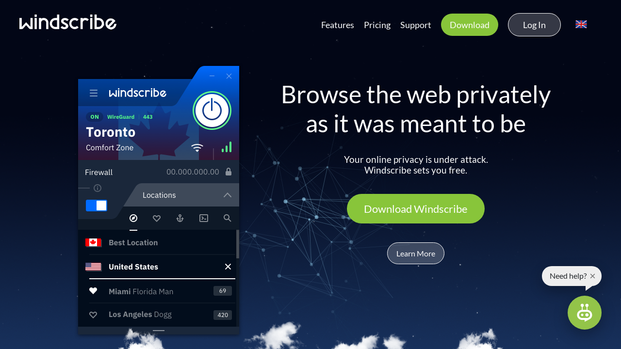 Screenshot of the site Windscribe