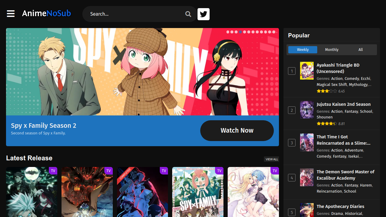 Screenshot of the site AnimeNoSub