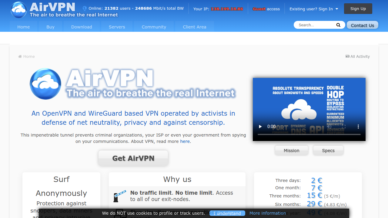 Screenshot of the site AirVPN